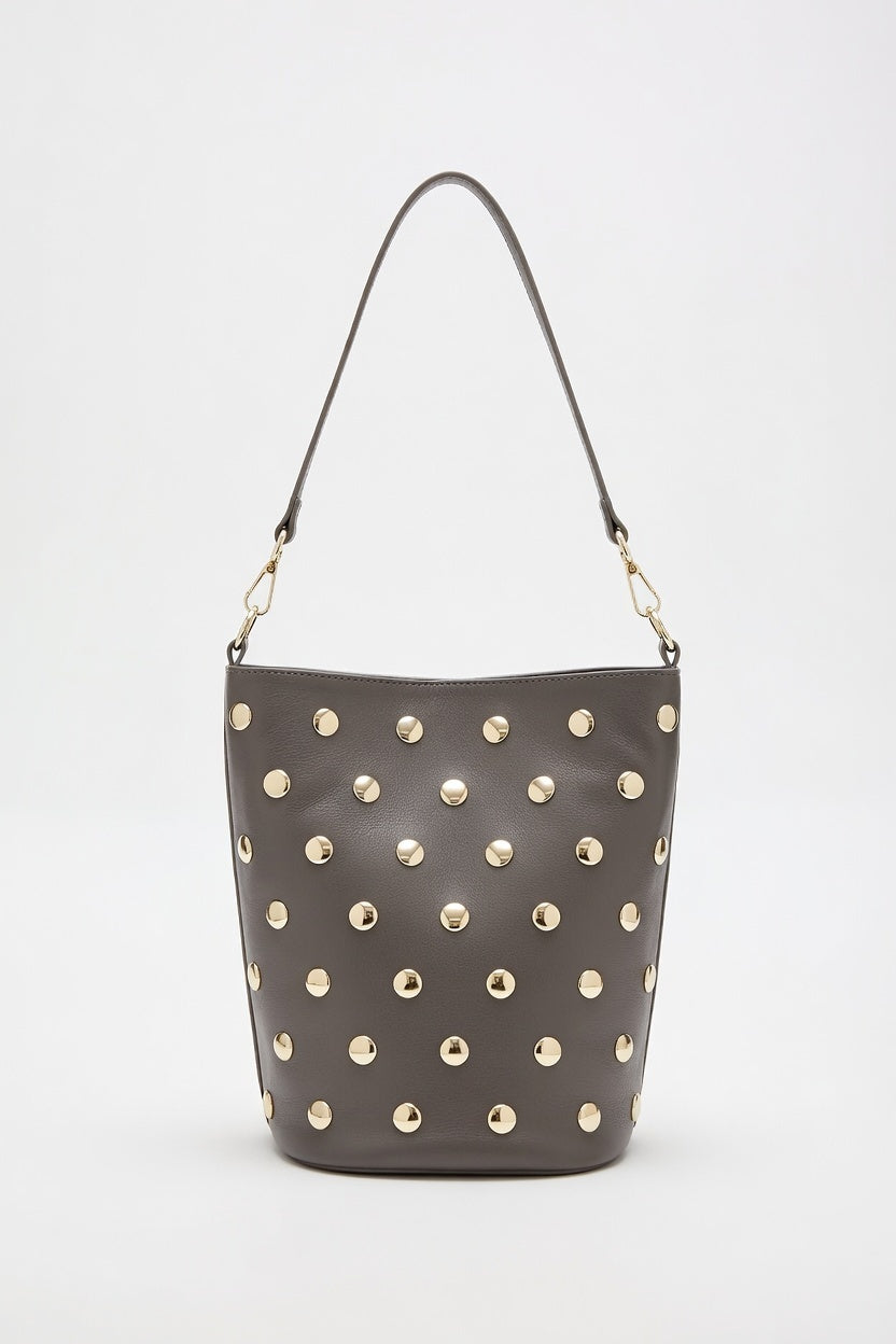 The Studded Bucket Bag — Studded PU Leather Medium Bucket Bag with Alloy Hardware