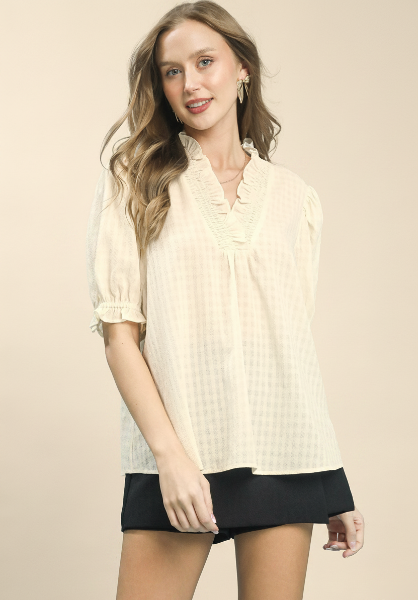Feletin Luxe Woven-Check Ruffle Pocketed V-Neck Blouse | Cream | Sizes S–L