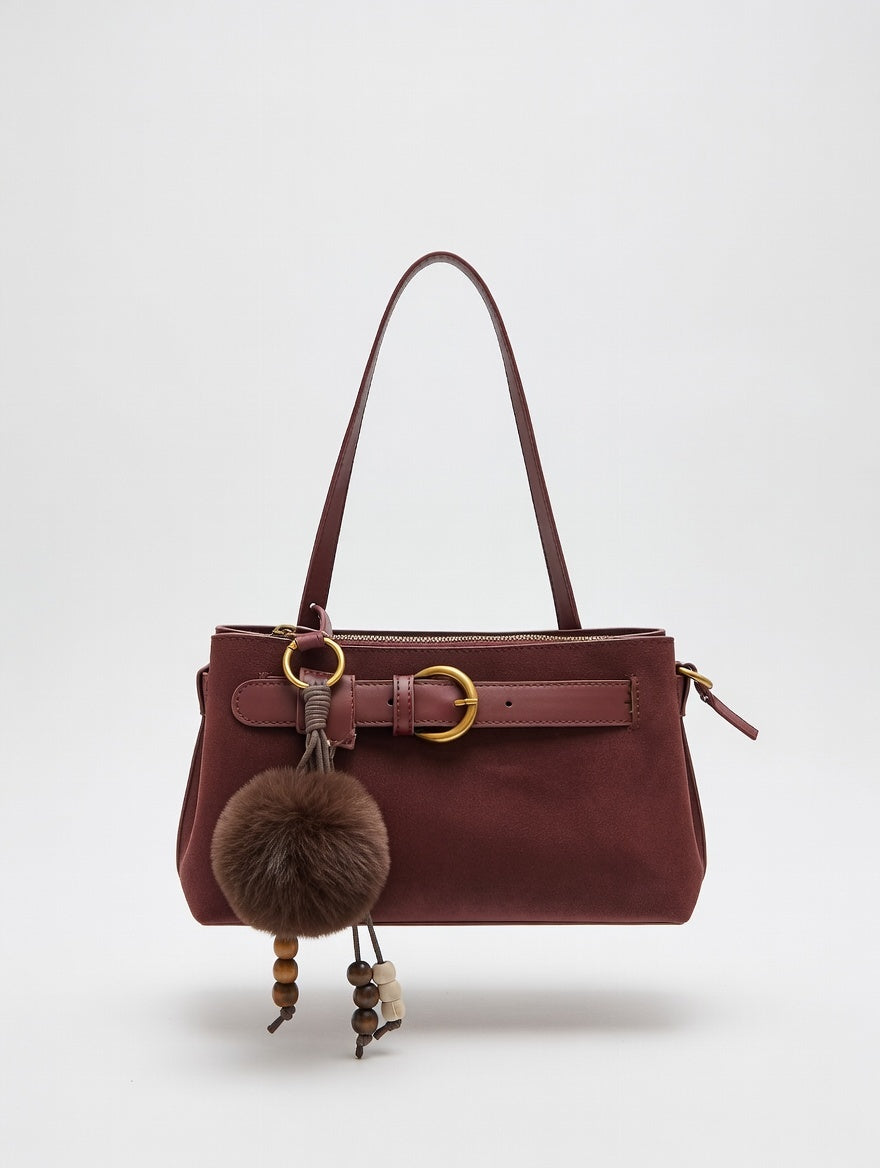 The Suede Buckle Shoulder Bag — Buckle-Decor Suede Medium Shoulder Bag