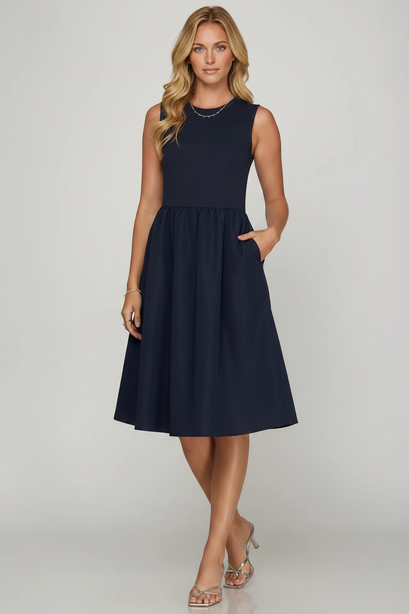 Feletin Luxe Sleeveless Poplin Woven Pocketed Midi Dress in Dark Navy | Sizes S–2XL