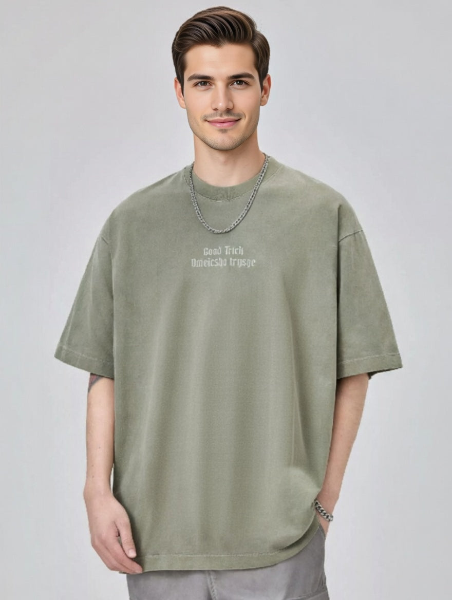 Feletin Luxe Men's Oversized Letter Graphic Vintage-Washed 100% Cotton Tee | Space Gray, Gray Green & Dark Night | Sizes M–3XL 2