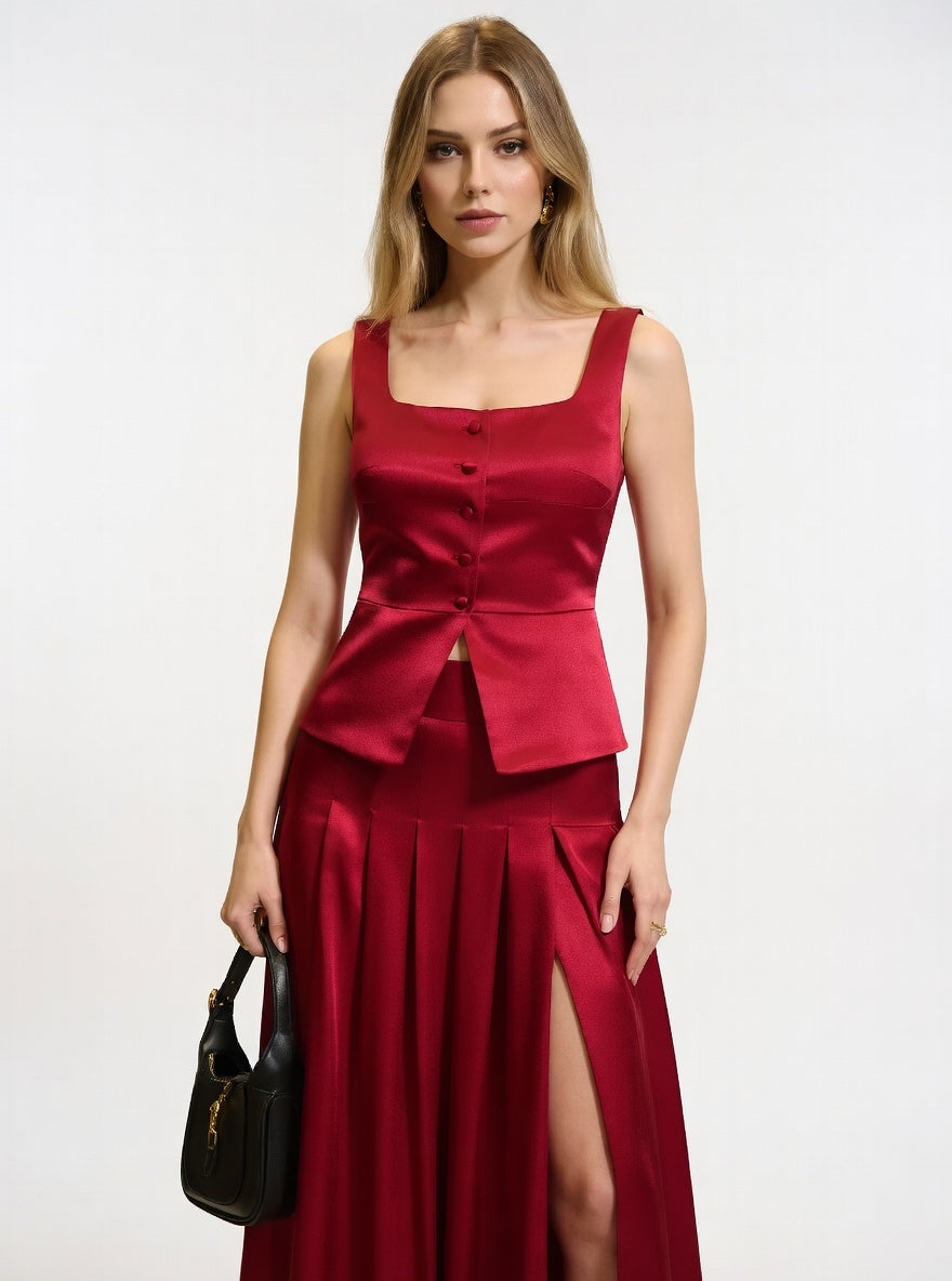 The Bordeaux Set — Square-Neck Tank & Pleated Slit Skirt 7