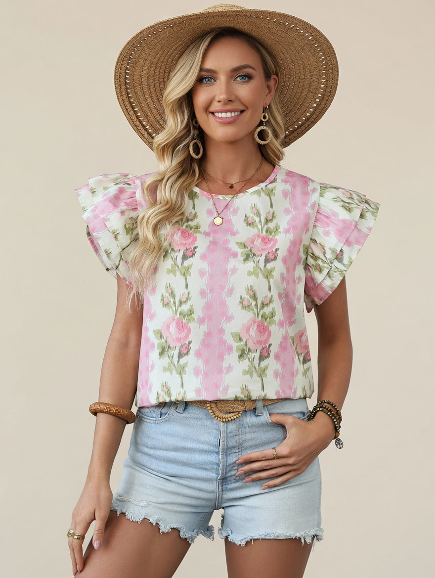 Floral Print Ruffled Sleeve Blouse - Feminine Cotton Top 2